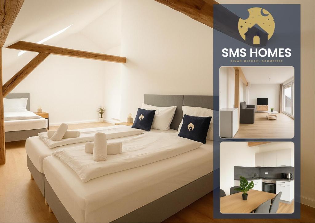 a collage of photos of a bedroom with a large bed at SMS-Homes I Auszeit am See #2 in Waltenhofen