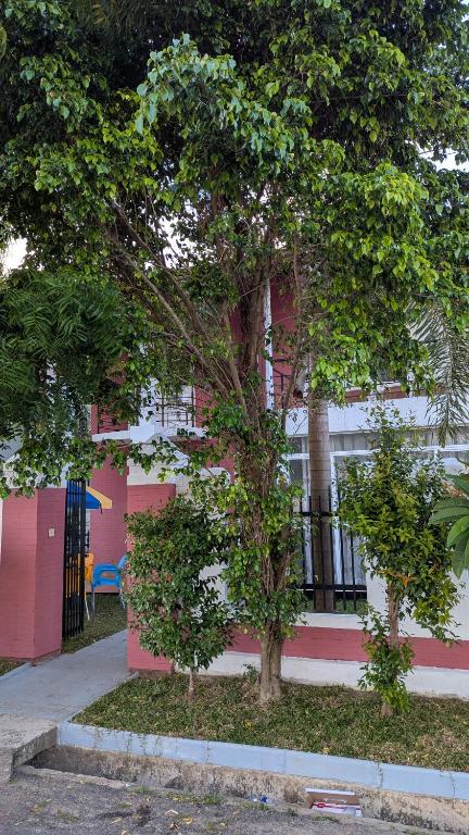 two trees in front of a pink and white building at Villa 19 Zone 2 Millennium City - Jaela in Ja-Ela