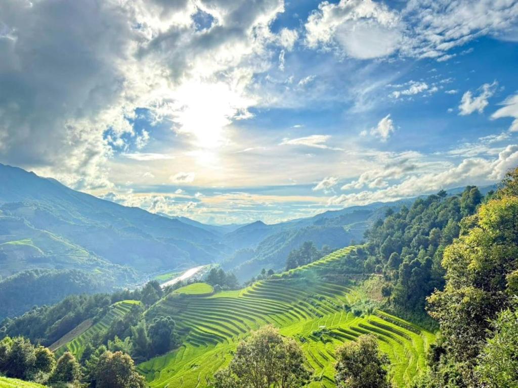 a view of a valley in the mountains with trees at Chải Eco House in Mù Cang Chải