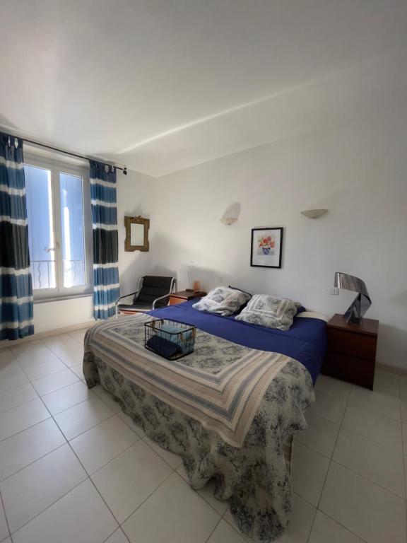 a bedroom with a large bed and a window at La Vigneronne Bleue in Cazouls-lès-Béziers