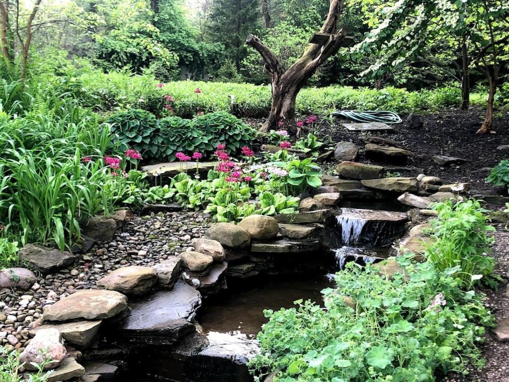 a garden with a pond with rocks and flowers at Old Orchard Kirtland, Ohio 