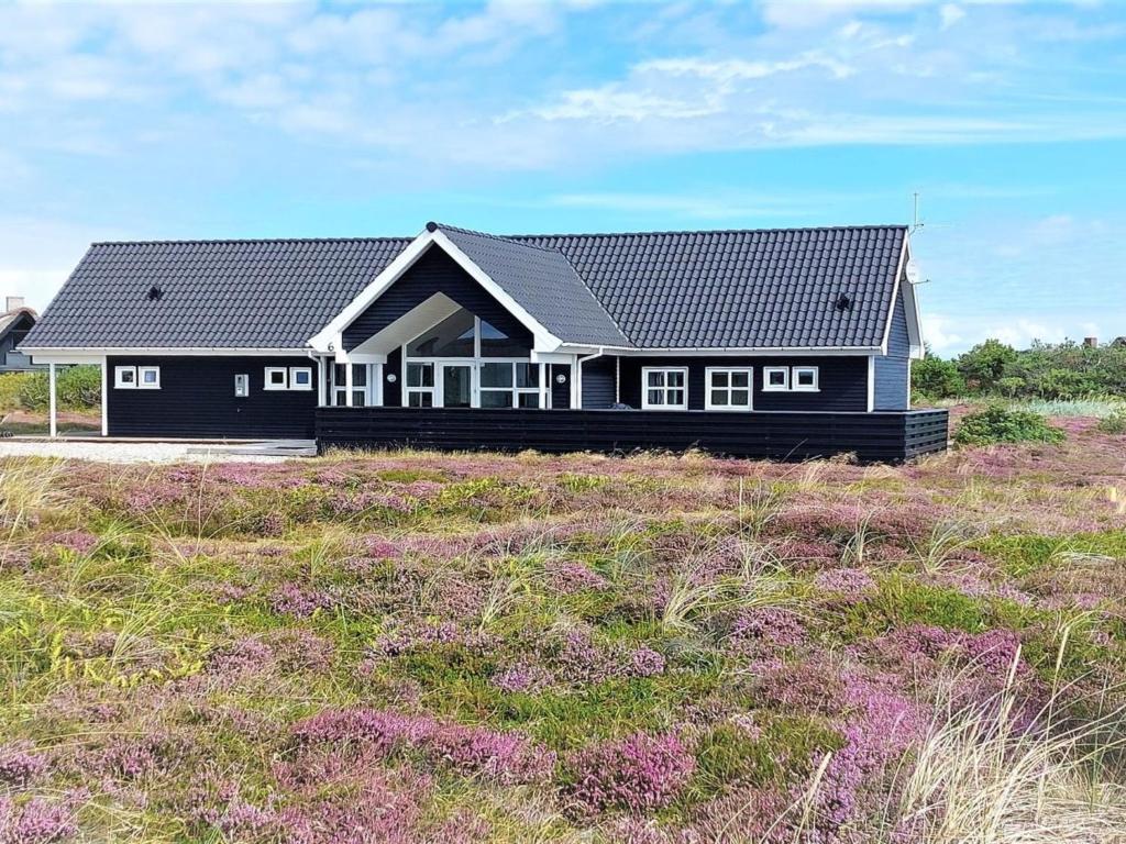 ein Haus mit einem schwarzen Dach auf einem Feld in der Unterkunft Holiday Home Eliena - 500m from the sea by Interhome in Bjerregård
