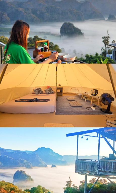 two pictures of a woman sitting at a table with a tent at ภูลังกาซีวิว in Ban Sakoen
