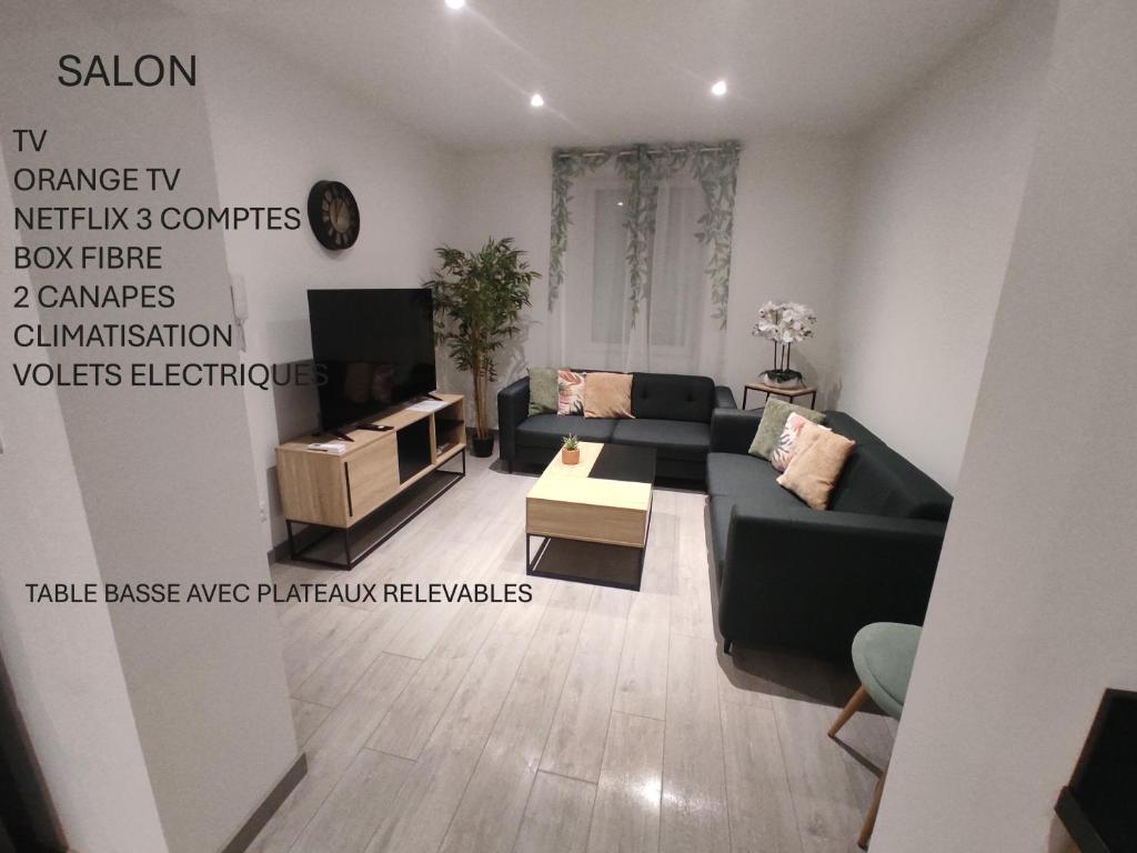 a living room with a couch and a tv at Jolie maison Clermont Saint Jean in Clermont-Ferrand
