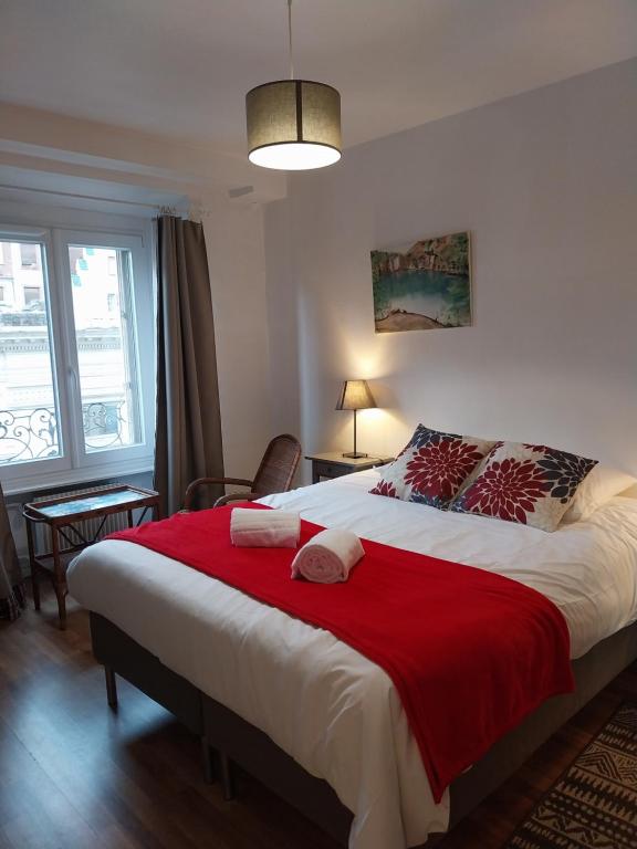 a bedroom with a large bed with a red blanket at Hypercentre Strasbourg Vue Cathédrale in Strasbourg