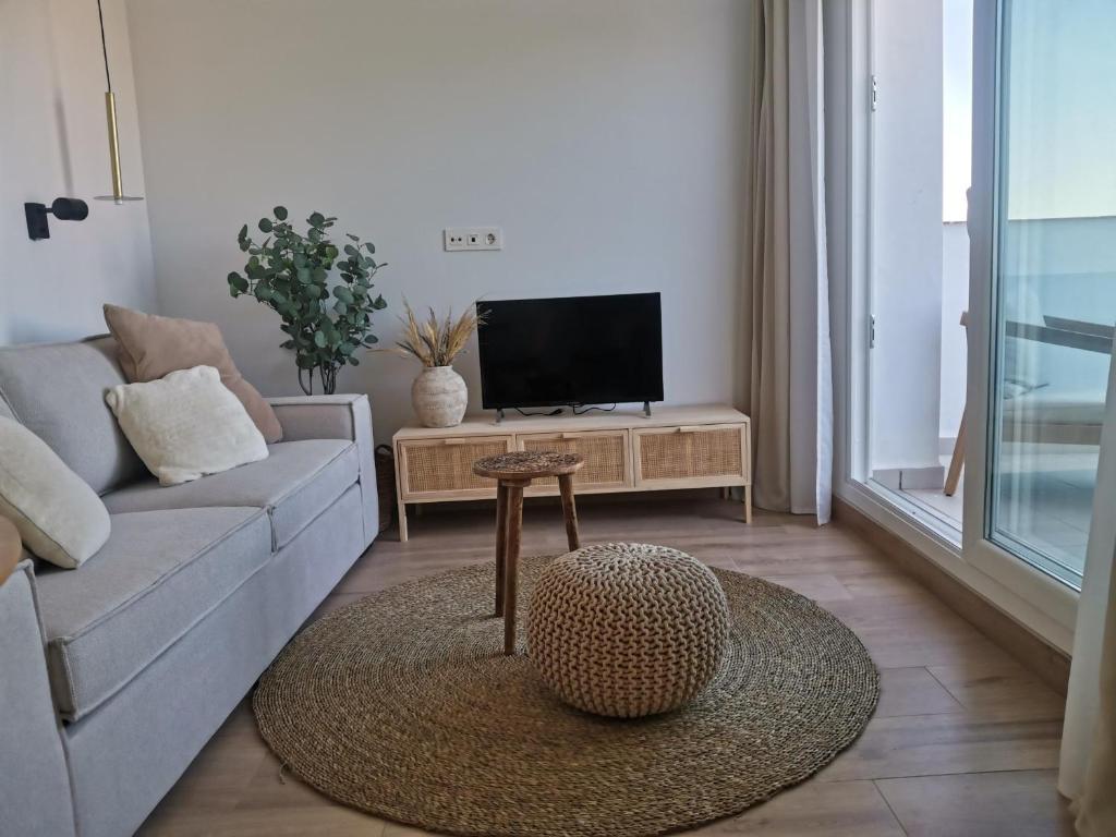 Una sala de estar con un sofá y un televisor. en Ático El Limón, en Alhaurín de la Torre