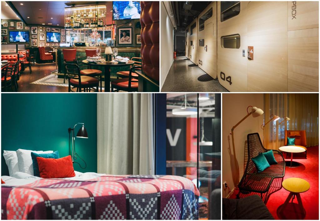 a collage of photos of a hotel room at Bo Hotel in Stockholm