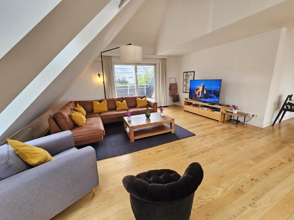 Una sala de estar con un sofá y un televisor. en Luxurious 3BR Penthouse w terrace&parking, en Luxemburgo
