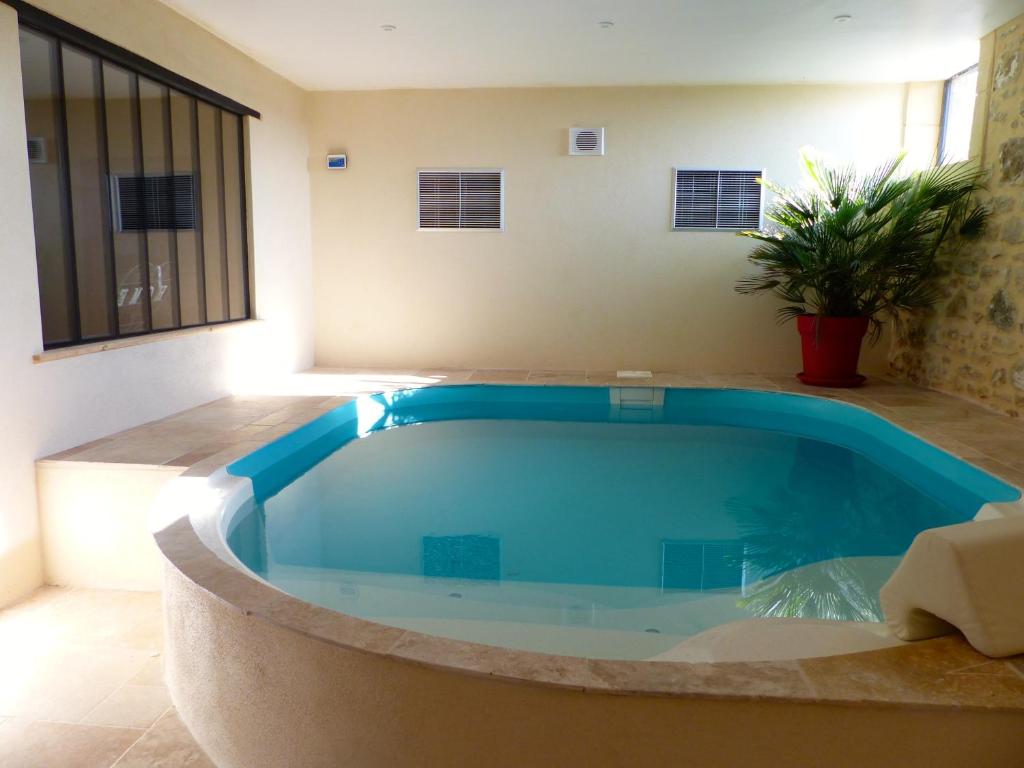 uma grande piscina com uma banheira azul num quarto em La fontaine de rocoule em Rochefort-en-Valdaine