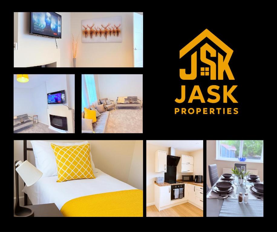 a collage of photos of a living room and a room with a bed at Spacious 3-Bed Contractor-Friendly Home in Bristol