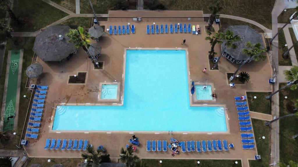 an overhead view of a large swimming pool at Saida Royale 9018 condo in South Padre Island