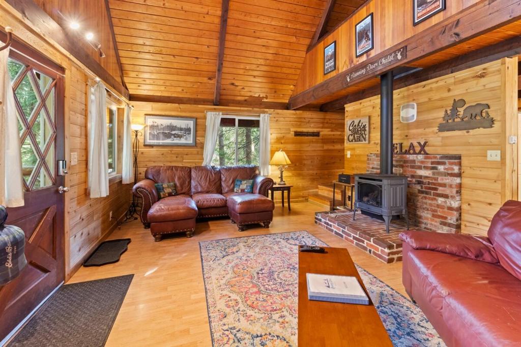 a living room with leather furniture and a fireplace at Rainier Vintage Retreat With Hot Tub-Fireplace-WiFi in Ashford