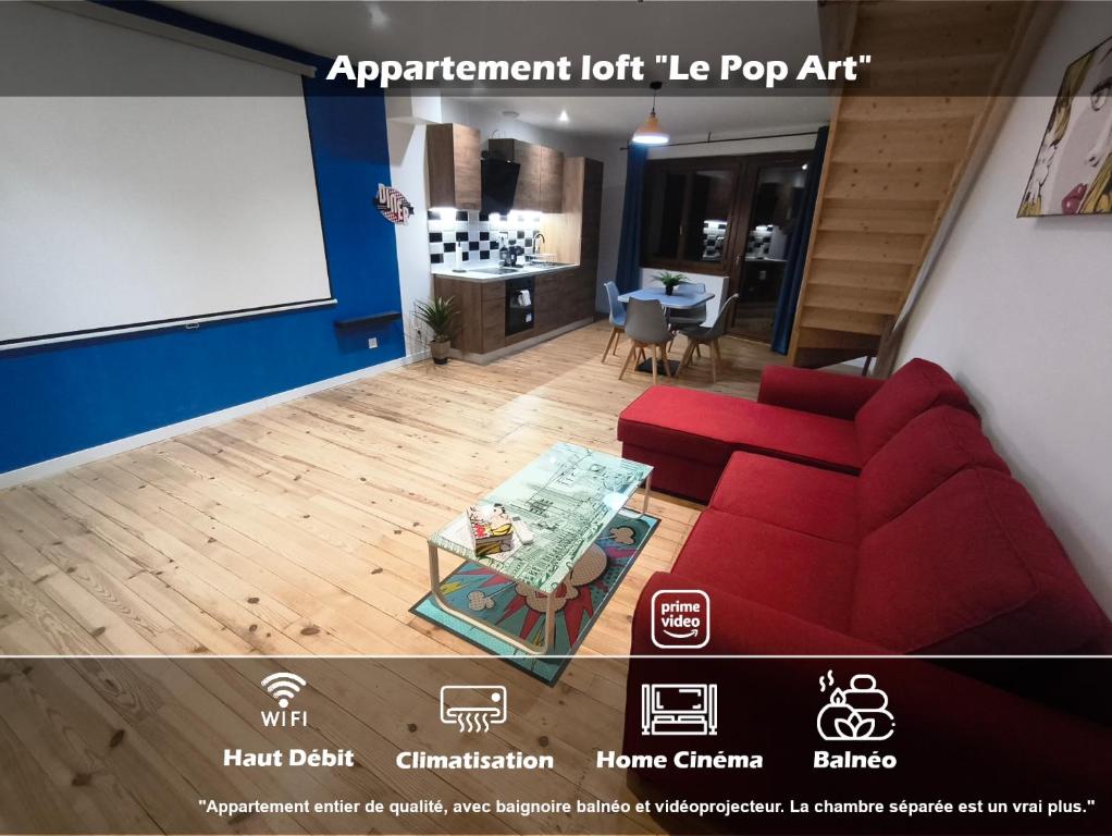 an overhead view of a living room with a red couch at Loft Le Pop Art-Balneo-Cinéma-Clim in Sainte-Livrade-sur-Lot