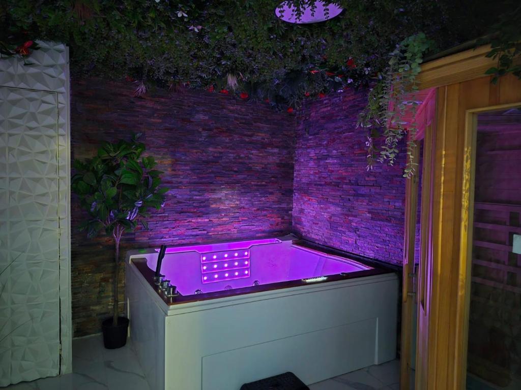 ein Whirlpool mit violetten Lichtern an einer Ziegelwand in der Unterkunft Appartement Spa et Sauna privatif - Terrasse in Carcassone