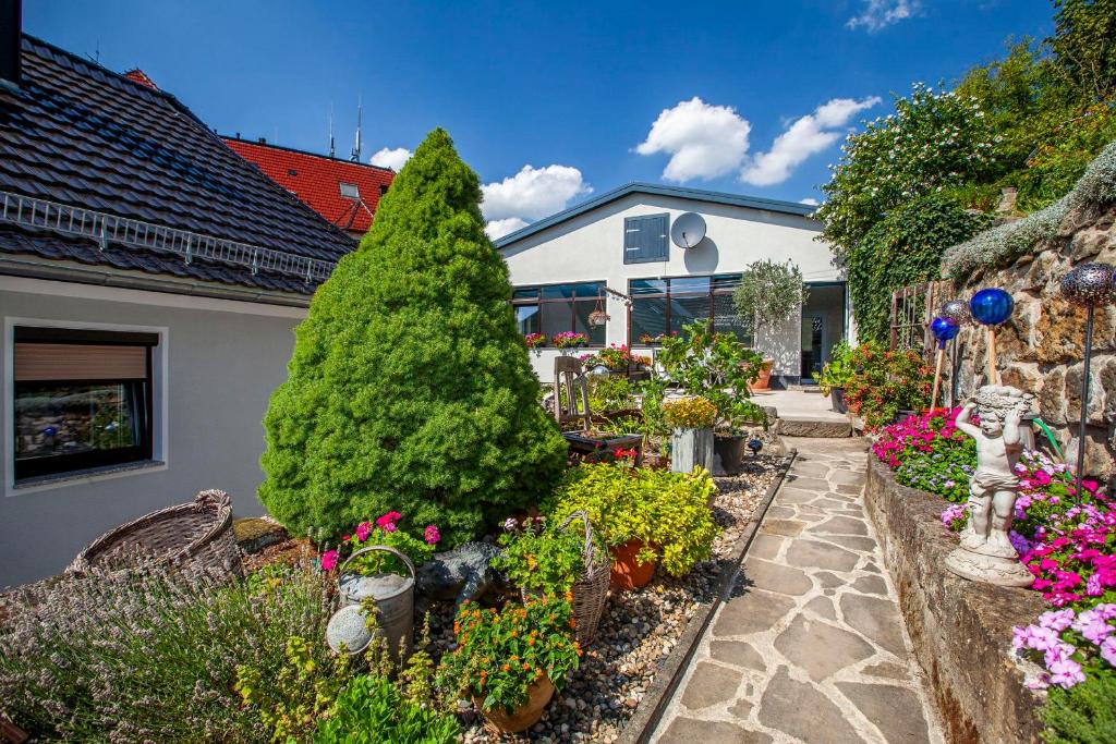 a garden with flowers and plants in front of a building at Fewo Schuch in Pirna