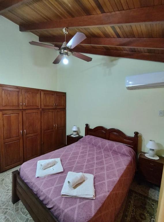 a bedroom with a purple bed with a ceiling fan at Departamentos Mary Federacion in Federación