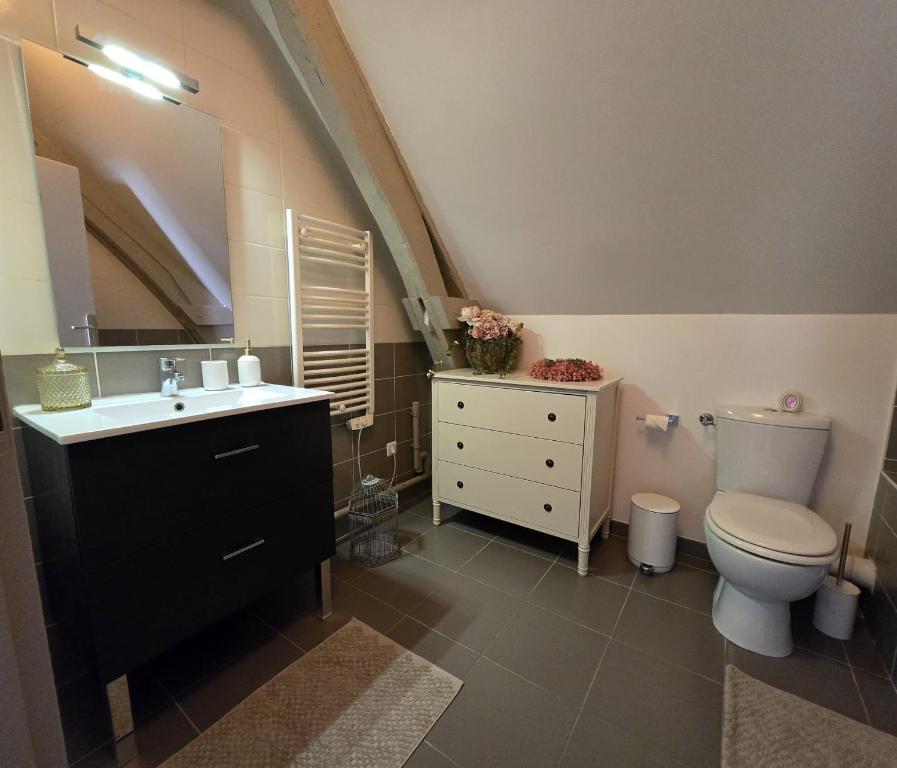 a bathroom with a sink and a toilet and a mirror at Agnes Little Corner in Honfleur