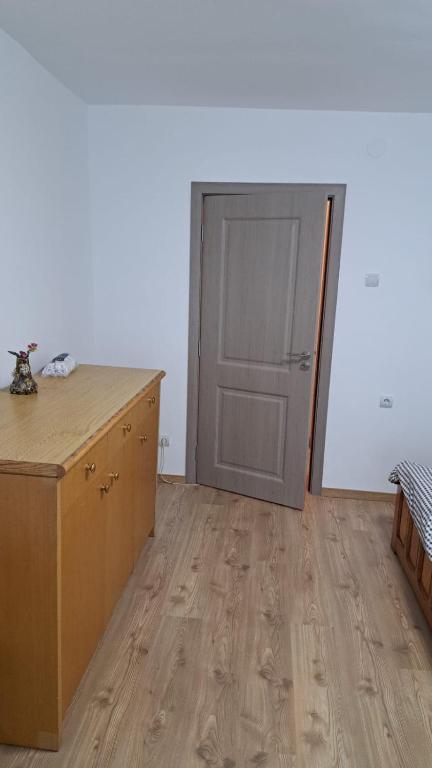a room with a door and a wooden floor at Geoagiu-Bai central studio in Geoagiu Băi
