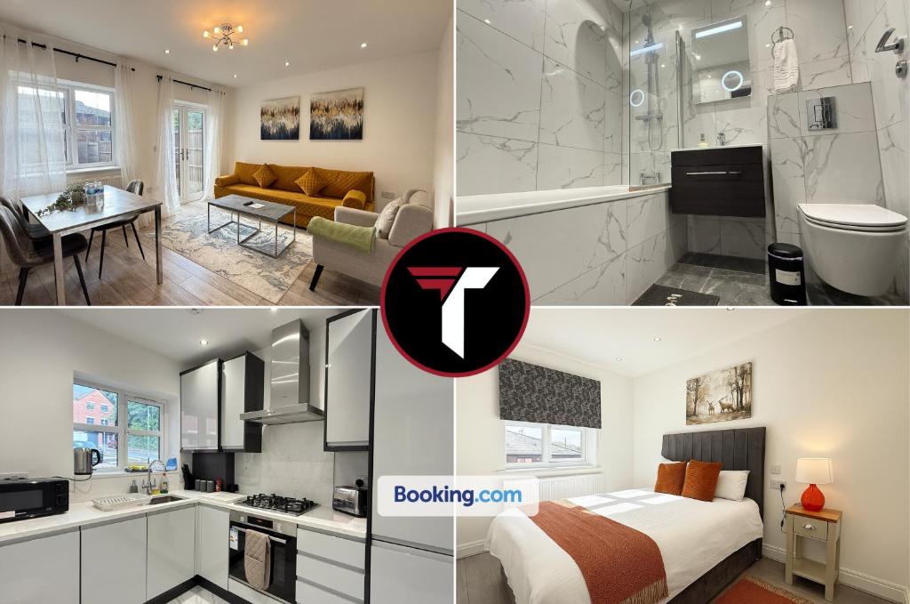 オールダーショットにある3 bedroom House Contractors and Groups sleeps 5のキッチン、リビングルーム、ベッドルーム1室が備わります。