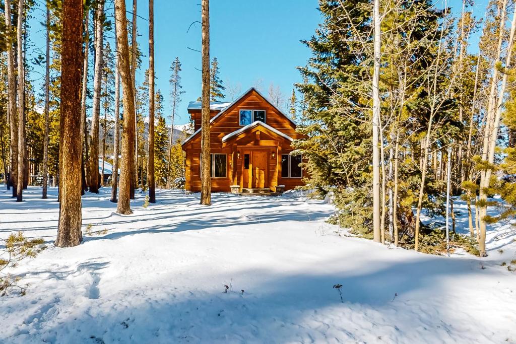 a log cabin in the woods in the snow at American Way Chalet in Breckenridge