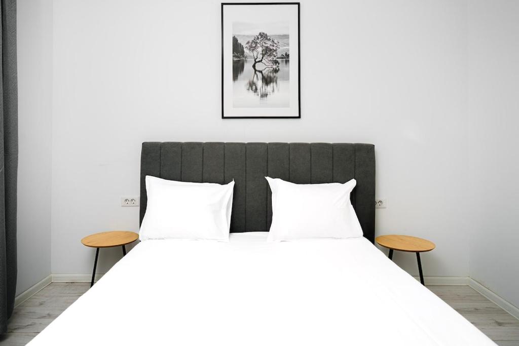 Un dormitorio con una cama grande con dos mesas. en Escape Hub Residence Militari 2, en Chiajna