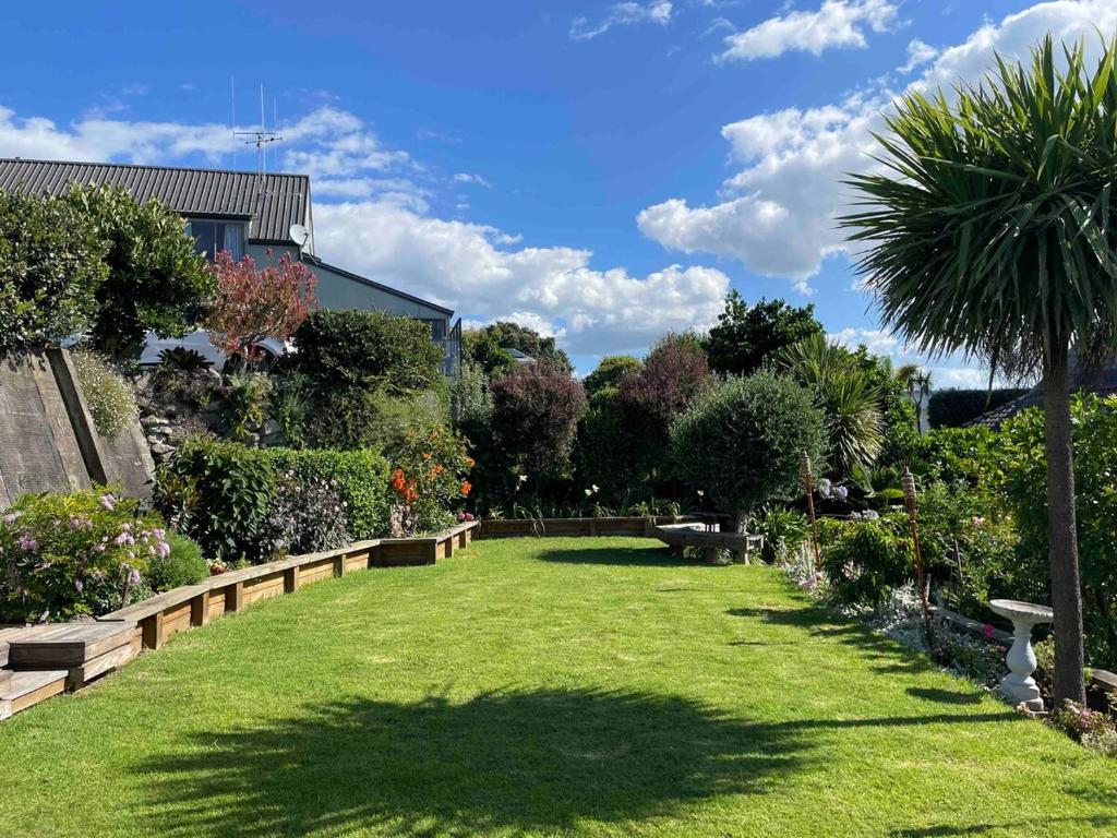 Un gran patio con bancos y una palmera. en Otumoetai 2 bedroom, en Tauranga