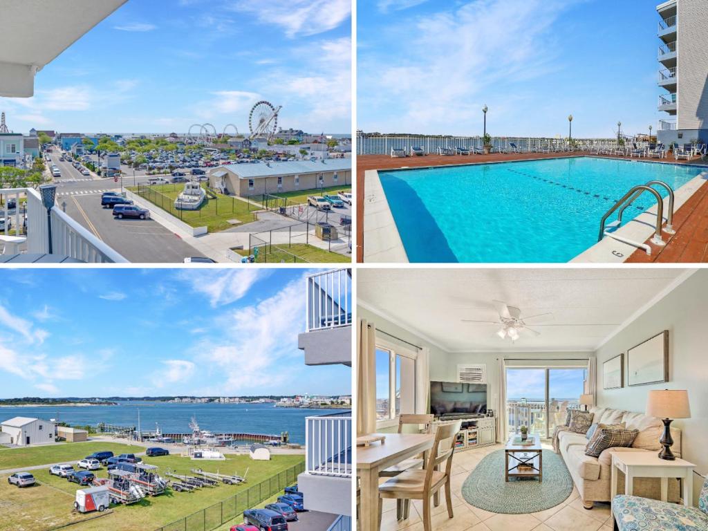 a collage of photos of a house with a pool at Couple's Corner - 2 Blocks to the Boardwalk - Panoramic Views of Assateague Island, Bay and Ocean - Assateague House 411 in Ocean City