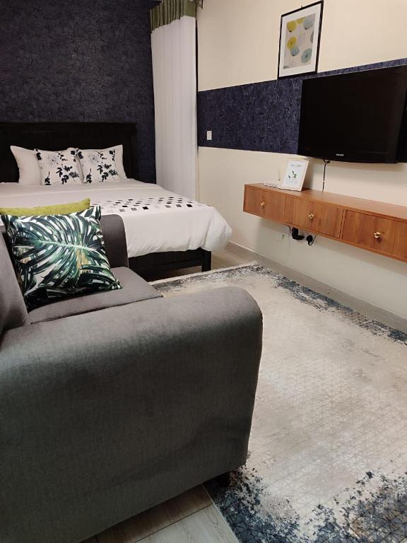 a bedroom with a couch and a bed and a tv at Swanky Stays Studio Ngong in Nairobi