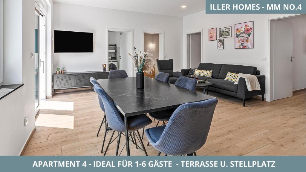 un salon avec une table et des chaises noires dans l'établissement Iller Homes Memmingen - 3 x Moderne Fewos mit Terrasse für bis zu 7 Pers mit Parkplätzen, à Memmingen