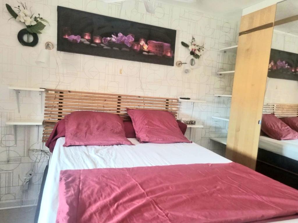 ein Schlafzimmer mit einem großen Bett mit roten Kissen in der Unterkunft Maison sur vue montagne in Canet-en-Roussillon