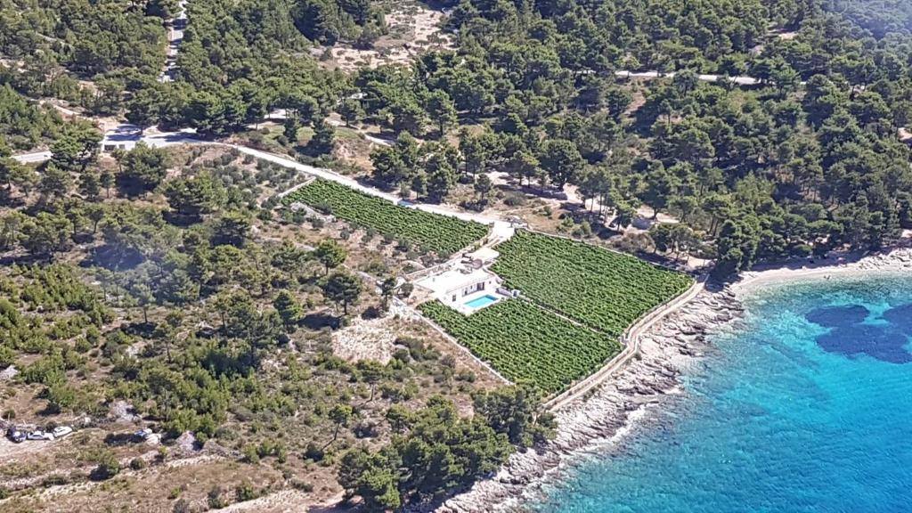 an aerial view of a house on a farm next to the water at Villa Paola in Bol