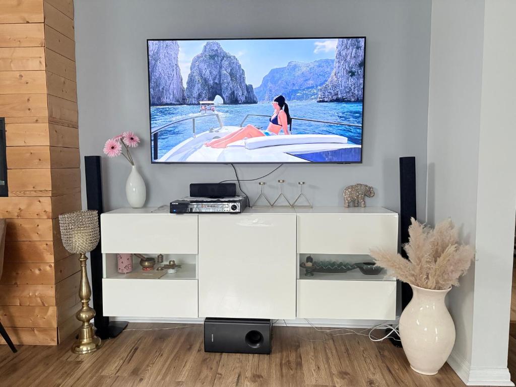 a living room with a tv on a wall at 210 Bertrand St in Winnipeg