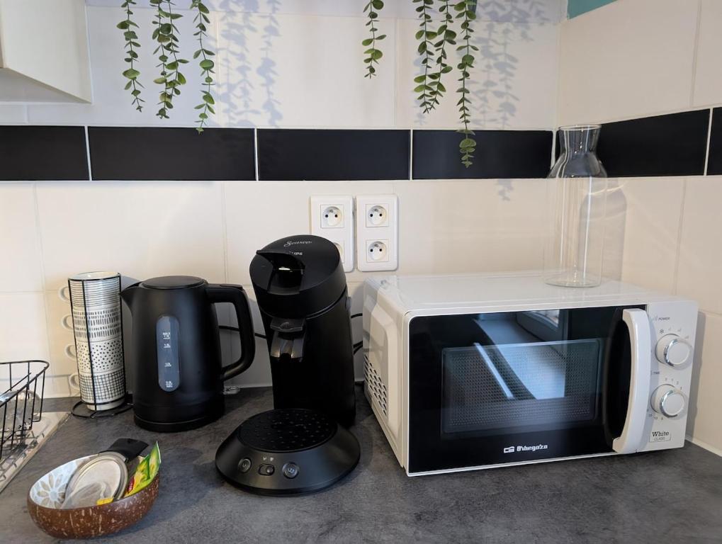 un comptoir de cuisine avec un micro-ondes et un mixeur dans l'établissement T2 tout confort, cité, parking, à Carcassonne