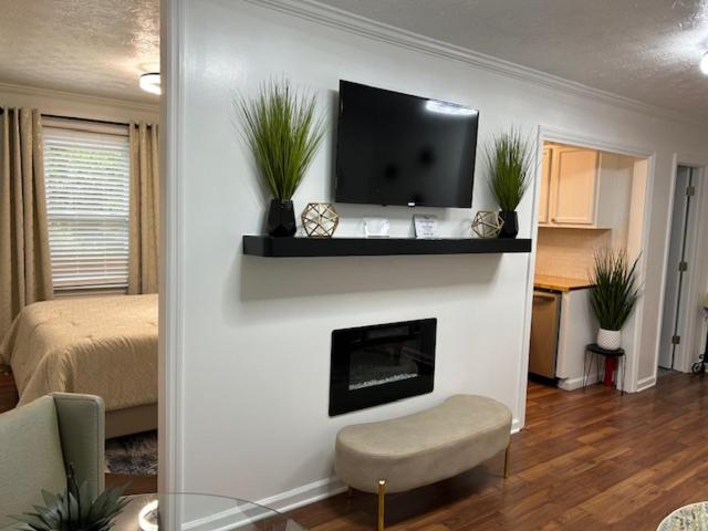 a living room with a fireplace and a tv on a wall at Hibiscus Retreat fully equipped guest studio in Fayetteville
