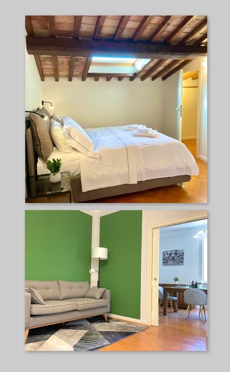 two pictures of a bedroom with a bed and a couch at Residenza Zaccone in Tivoli