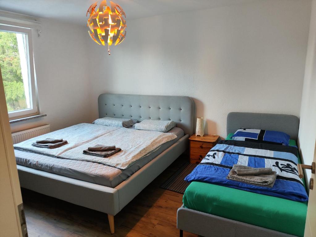 Un dormitorio con dos camas y una lámpara de araña. en Ferienwohnungen Am Storchennest in Krembz bei Gadebusch, en Krembz