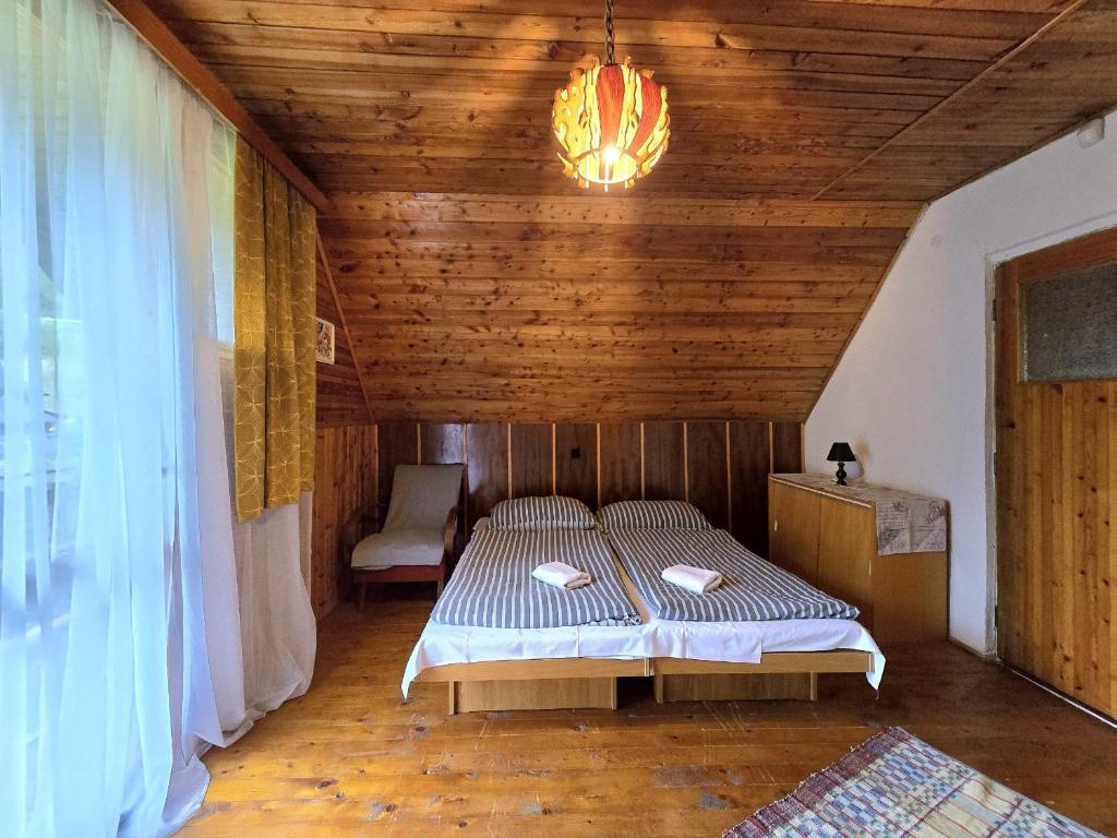 a bedroom with a bed and a chandelier at Chata pri jazierku - Cottage by the Little Lake in Nižná Boca