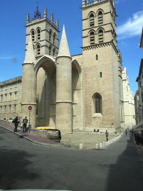 un gran edificio con dos torres en una calle en Appartement Vieille Intendance, en Montpellier