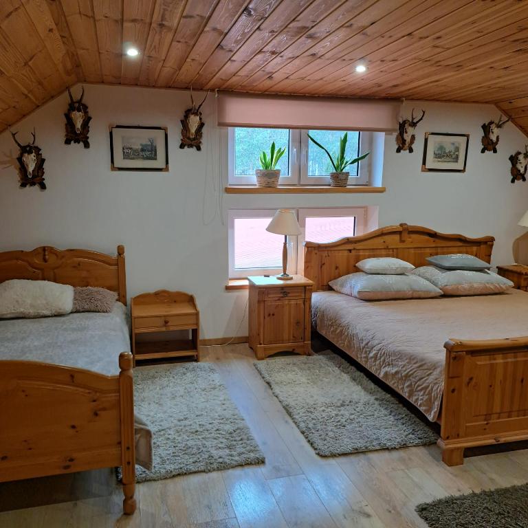 zwei Betten in einem Schlafzimmer mit Holzboden und Fenstern in der Unterkunft Ciurkówka in Sieniawa