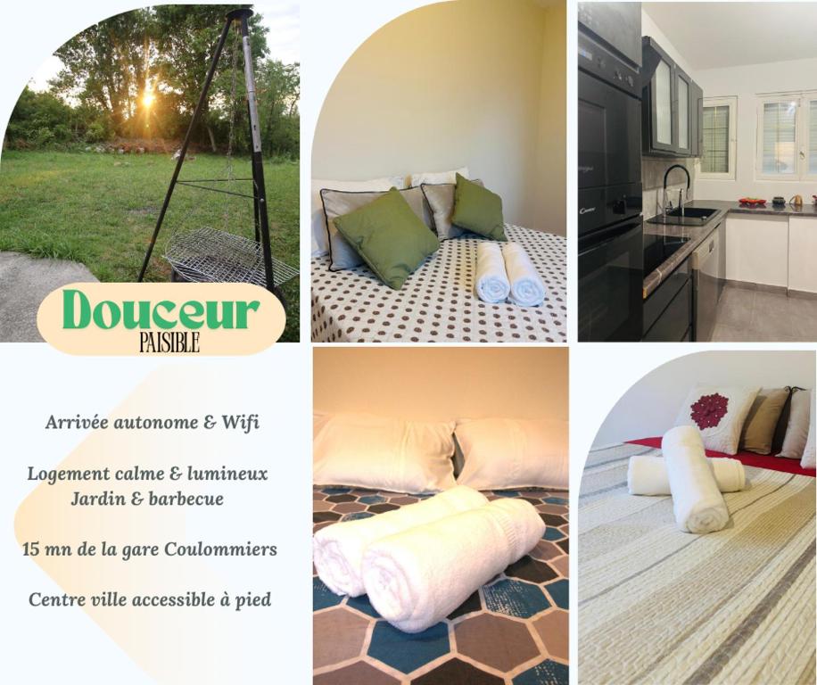 a collage of pictures of a room with a bed at Douceur Paisible in La Ferté-Gaucher