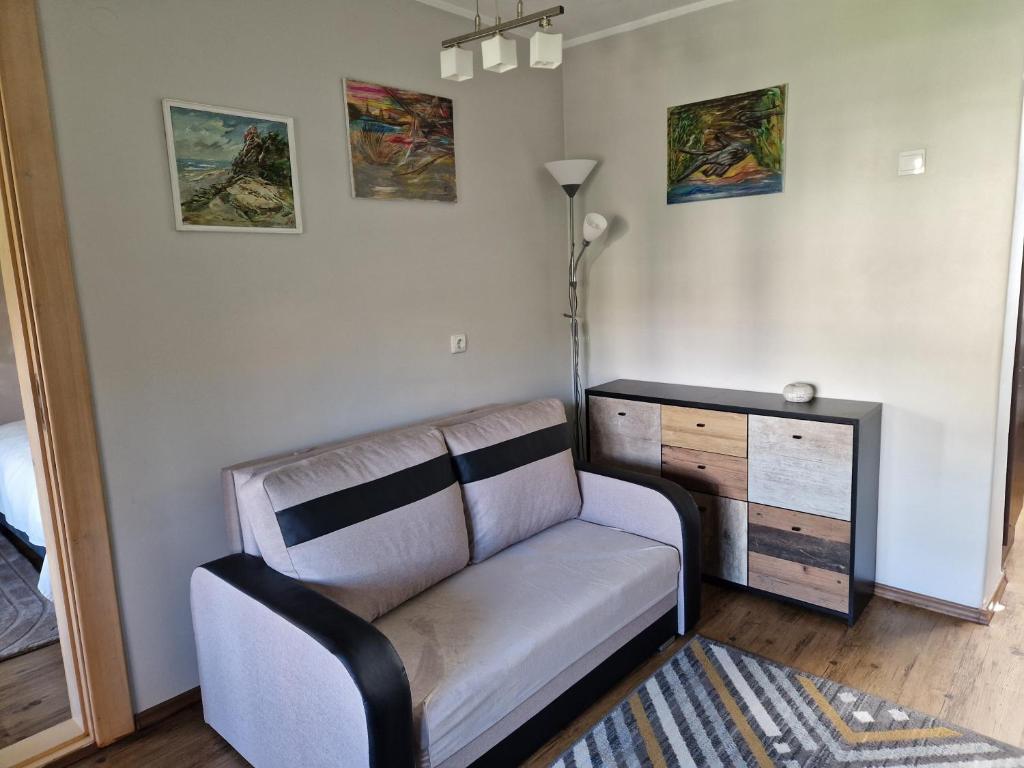 a living room with a couch and a dresser at Jaukus butas senamiestyje in Klaipėda