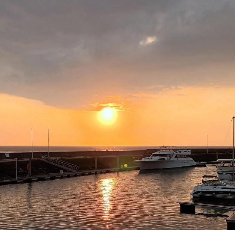 a sunset over a marina with boats in the water at Zen Studio Marina Deauville Vue Mer - Design Chic in Deauville