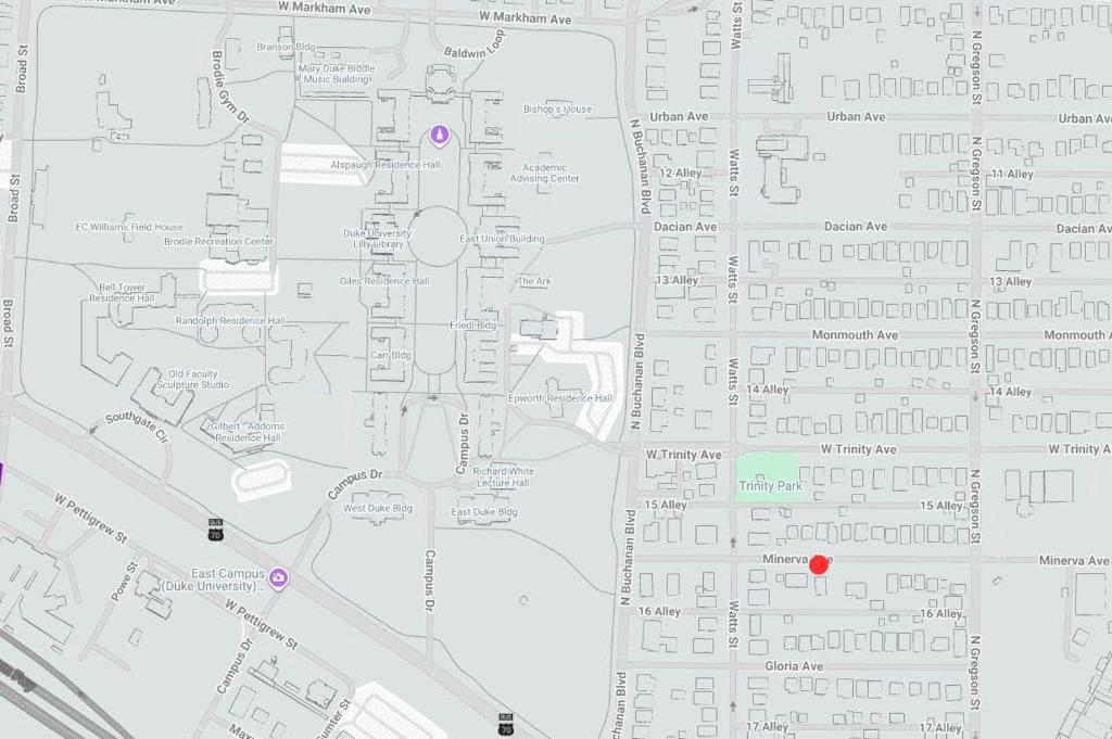 a map of a city with a red dot at Walk To Duke Campus! 1 Bedroom In Trinity Park! in Durham