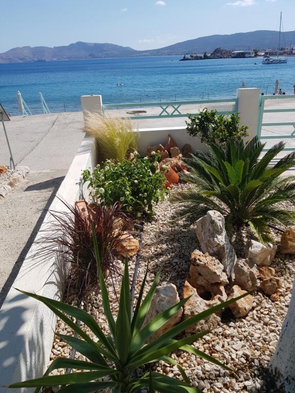 a garden with plants on the side of a beach at Haraki De Sol Beach Apartments in Haraki