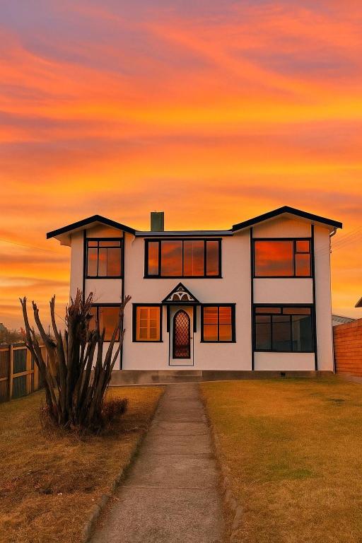 a house with a sunset in the background at The White House Hostel in Puerto Natales