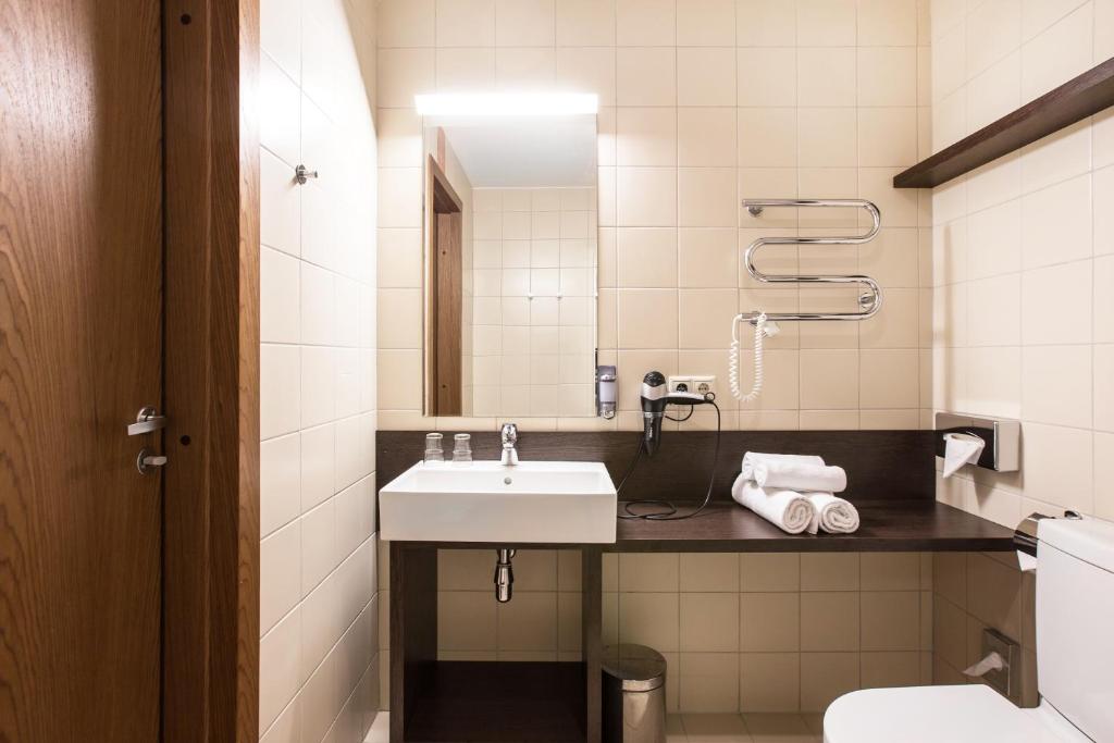 a bathroom with a sink and a mirror at Viešbutis Simpatija in Druskininkai