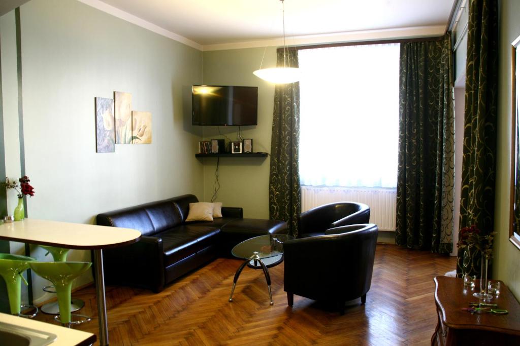 sala de estar con sofá de cuero negro y mesa en Apartamenty Astur, en Cracovia