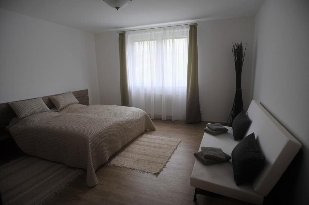 a bedroom with a bed and a couch and a window at Apartmány Teplička Ski Resort Smrečiny in Liptovská Teplička