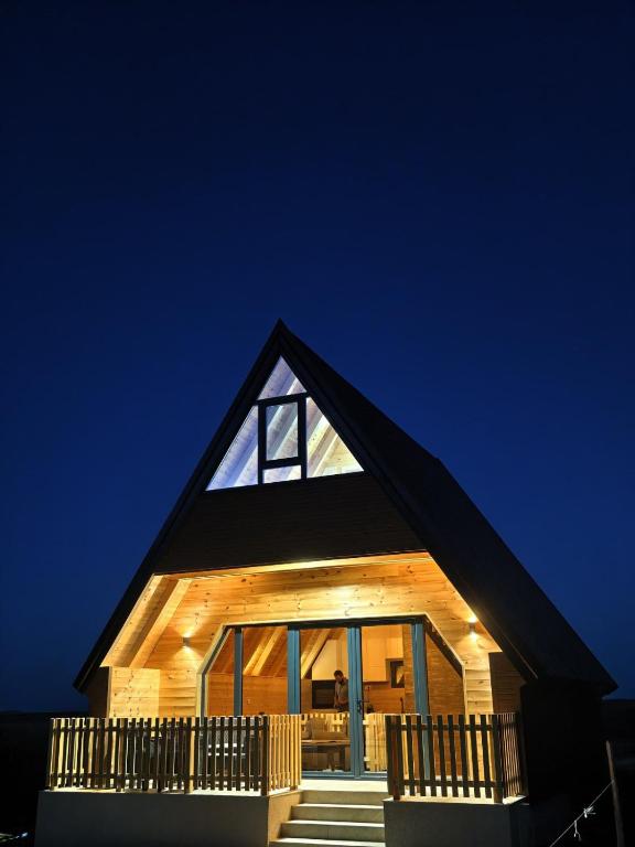 a house with a black roof and glass windows at Ski Vista house in Žabljak