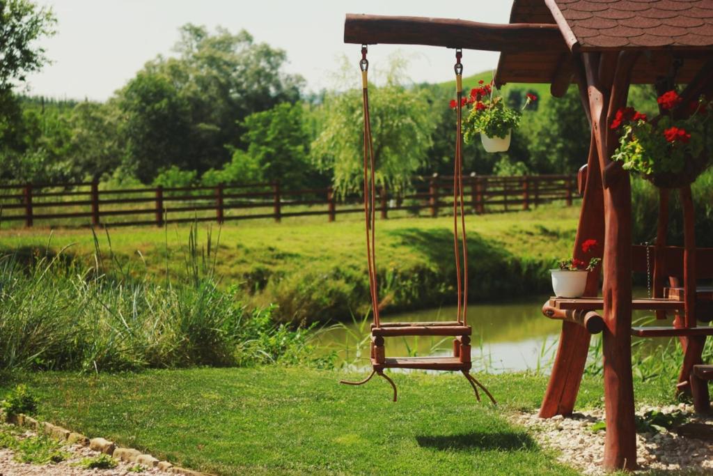 un columpio en un patio con un campo en Pensiunea Violeta, en Saschiz